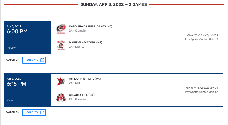 MYHockey Rankings (@myhockeyranking) on Twitter photo Down to the Final 4 at USA Hockey Nationals in the Boys 16U 2A Division. Results and semifinal matchups below.
Games today at 6:00 and 6:15 pm ET.
<a href="/JuniorCanes/">Carolina Junior Canes</a>
<a href="/MaineGladiators/">Maine Gladiators</a>
<a href="/AshburnXtreme1/">Ashburn Xtreme</a>
<a href="/ATLFireTeams/">Atlanta Fire Hockey</a> <a href="/ATL_FireHockey/">Atlanta Fire Hockey</a> Down to the Final 4 at USA Hockey Nationals in the Boys 16U 2A Division. Results and semifinal matchups below.
Games today at 6:00 and 6:15 pm ET.
<a href="/JuniorCanes/">Carolina Junior Canes</a>
<a href="/MaineGladiators/">Maine Gladiators</a>
<a href="/AshburnXtreme1/">Ashburn Xtreme</a>
<a href="/ATLFireTeams/">Atlanta Fire Hockey</a> <a href="/ATL_FireHockey/">Atlanta Fire Hockey</a>