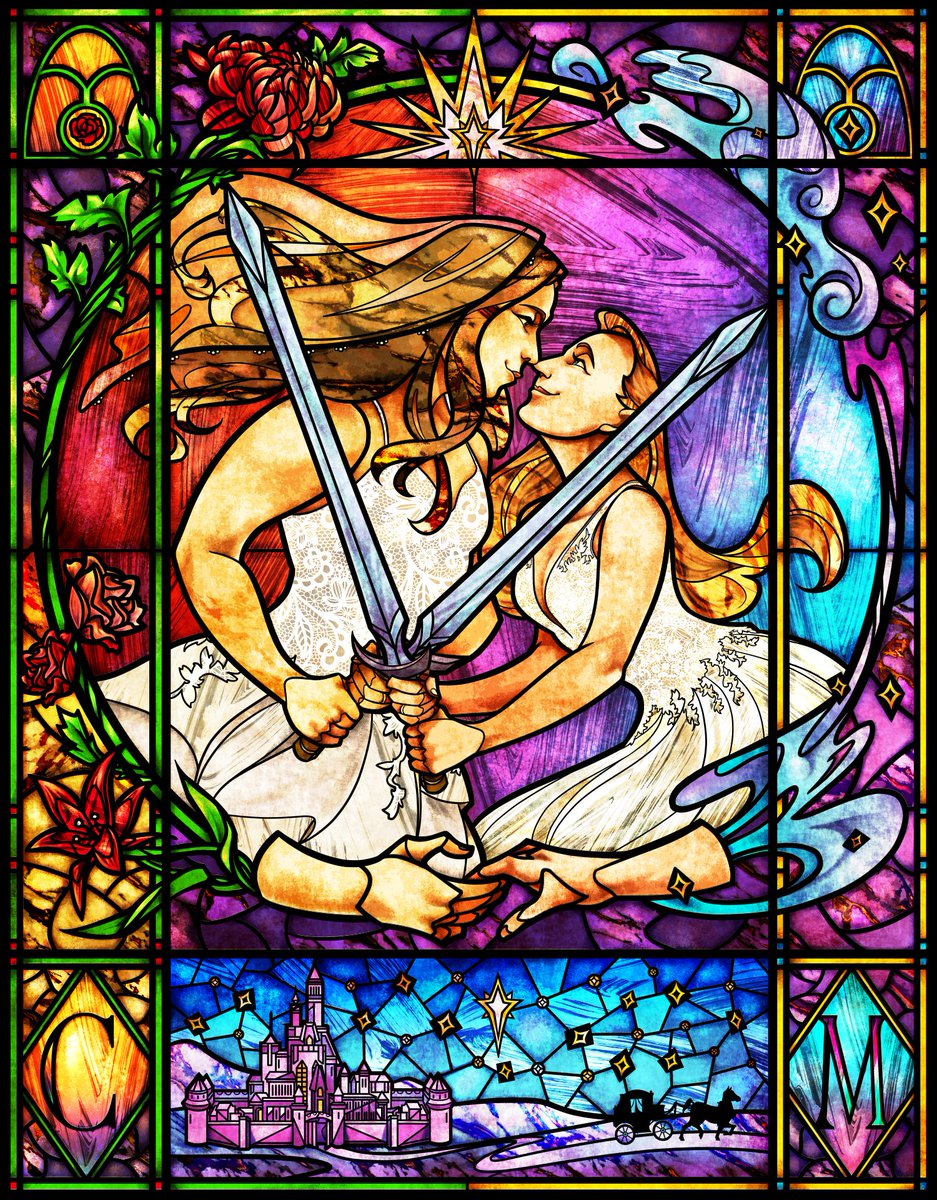 REMCycle's tweet photo. Finally posting here on good ol fashioned Twitter! A lovely couple commissioned me for their guest sign in and how could I say no to wlw with swords? I can't. #LGBTQ #wedding #lesbians #StainedGlassSunday #StainedGlassStyle #LGBTQIA #artistsontwitter #illustrationart https://t.co/Rdks9h2ZFD