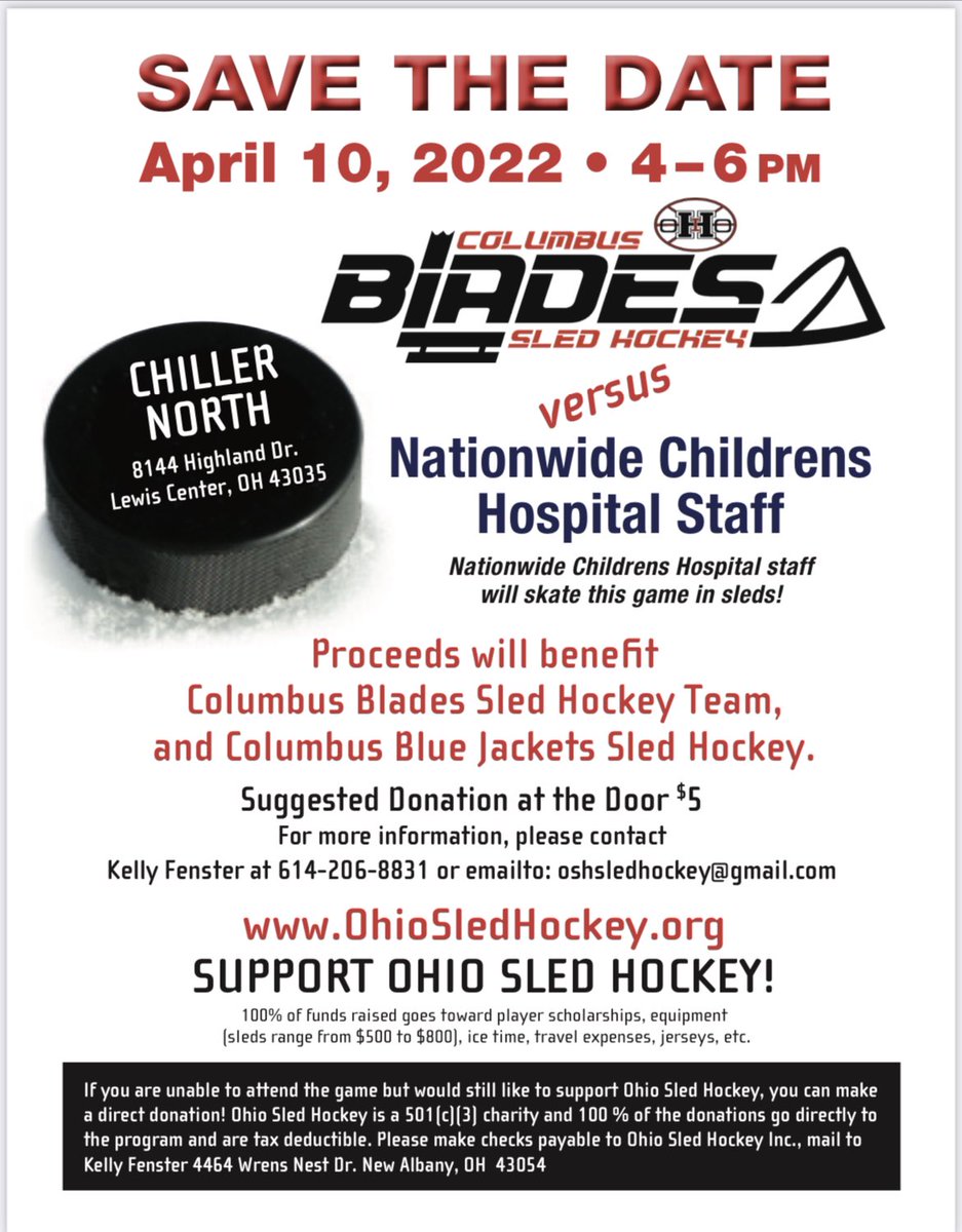 Columbus Blades Sled Hockey (@bladessled) on Twitter photo 1 week until we face off against <a href="/nationwidekids/">Nationwide Children's Hospital</a> staff at <a href="/ChillerIceRinks/">Chiller Ice Rinks</a> North. Everyone is invited to come cheer on our team! 1 week until we face off against <a href="/nationwidekids/">Nationwide Children's Hospital</a> staff at <a href="/ChillerIceRinks/">Chiller Ice Rinks</a> North. Everyone is invited to come cheer on our team!