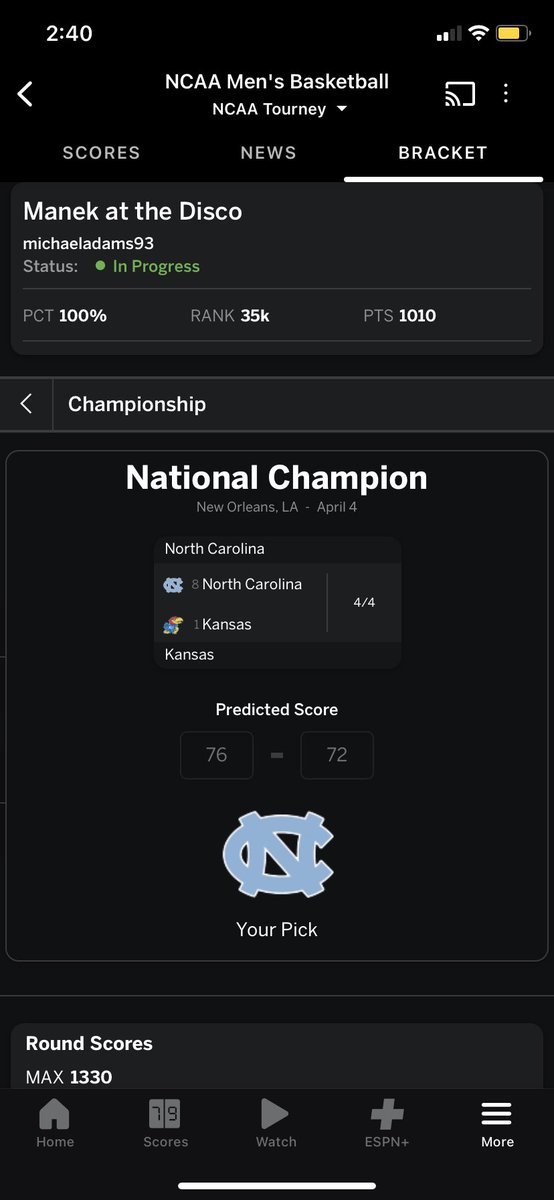 michael__adams's tweet photo. @Troy_C_Homesley Right there with you. Only bracket I made. 76-72 https://t.co/t6PRdjZzBr