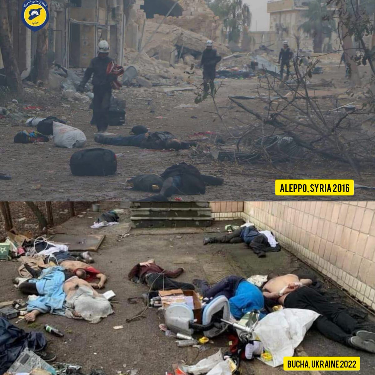 Aleppo, Syria 2016

Bucha, Ukraine 2022

Suffering is one.

This would not have been Possible without Vladimir Putin, a heinous war criminal and murderer.