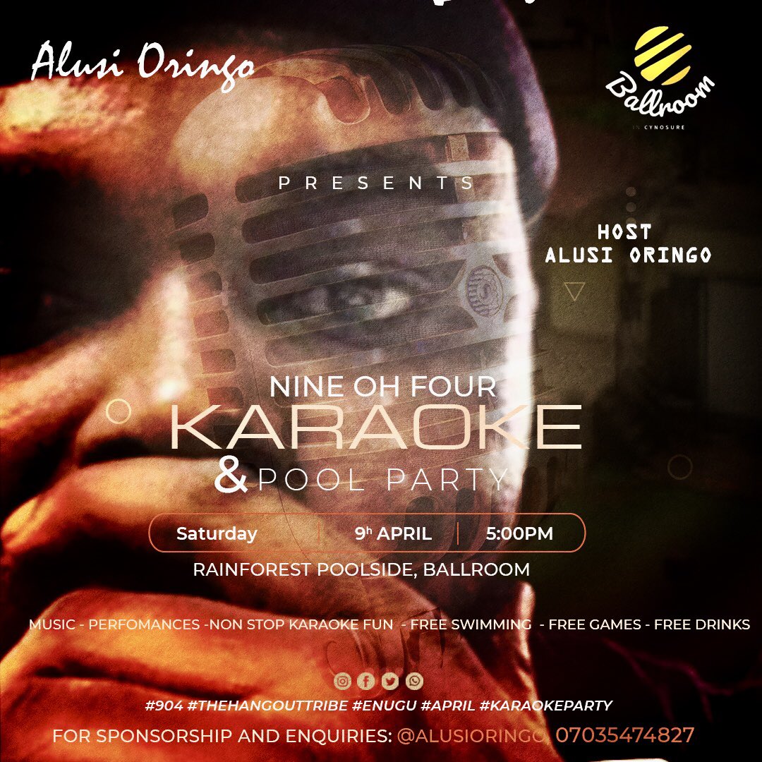 EnuguGod's tweet photo. Openn this 2nd Quarter of the year with a Karaoke party. Na this is nt meant to be ur regular kind of karaoke party, this one is special and action packed.
904 is the code
#Karaokewithknaci
#NineOhFour
#Enugu #Enugutwitter
#KaraokeParty
#EventsHotspots
#April
@BallroomLaCynos https://t.co/a1M4htEKid