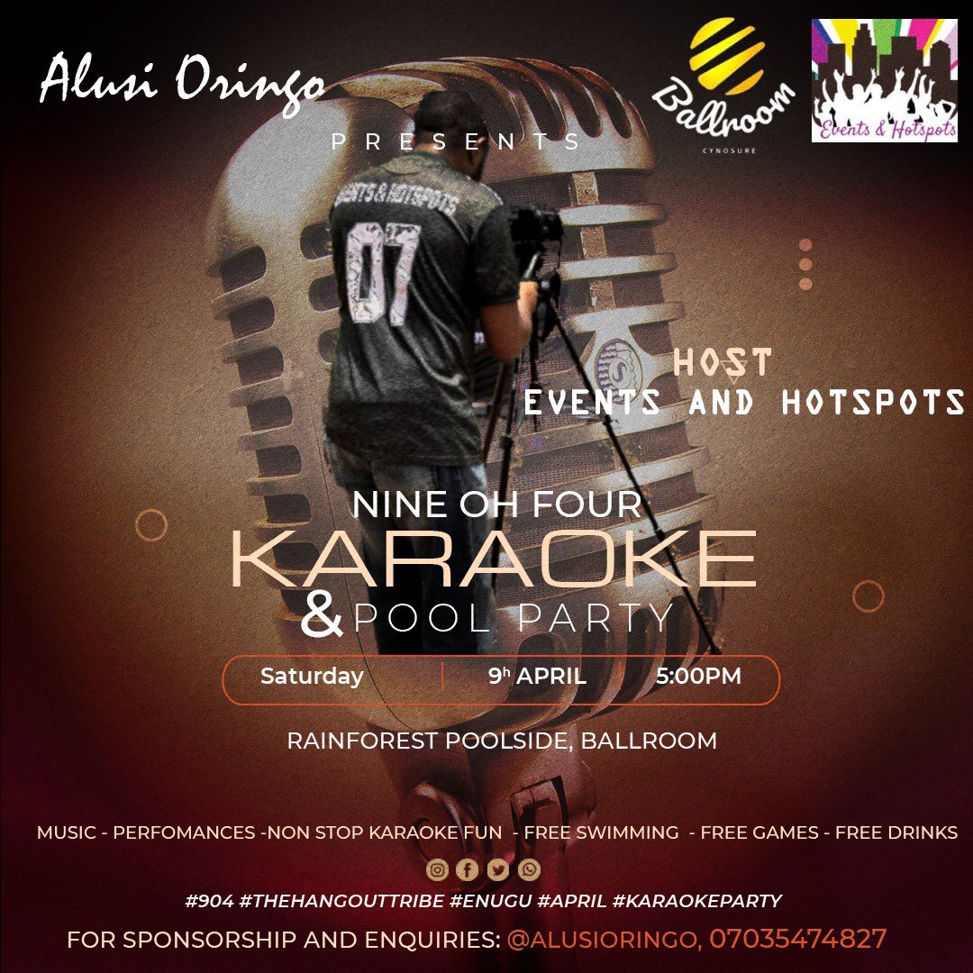 EnuguGod's tweet photo. Openn this 2nd Quarter of the year with a Karaoke party. Na this is nt meant to be ur regular kind of karaoke party, this one is special and action packed.
904 is the code
#Karaokewithknaci
#NineOhFour
#Enugu #Enugutwitter
#KaraokeParty
#EventsHotspots
#April
@BallroomLaCynos https://t.co/a1M4htEKid