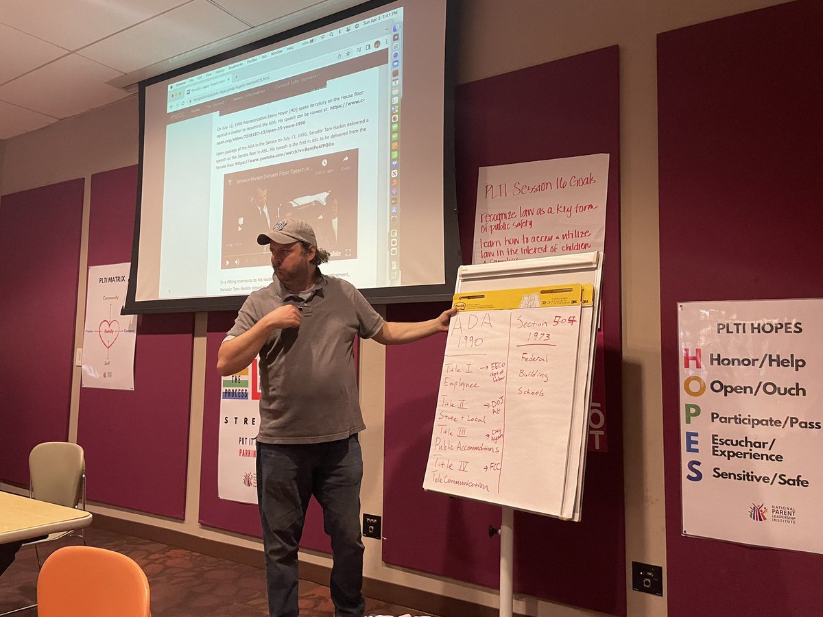 CrystalCalledIt's tweet photo. This year, we have 2 @PLTIKC fellows who are deaf. Today, our session is about law + its impact on children and families and one of them is leading us in a discussion about the American Disabilities Act and Section 504 #ParentsWhoLead @NationalPLTI https://t.co/RhyUF70p5m