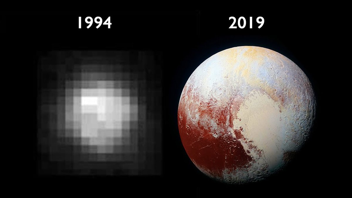 My favorite illustration of how science progresses: images of Pluto, quarter of a century apart
