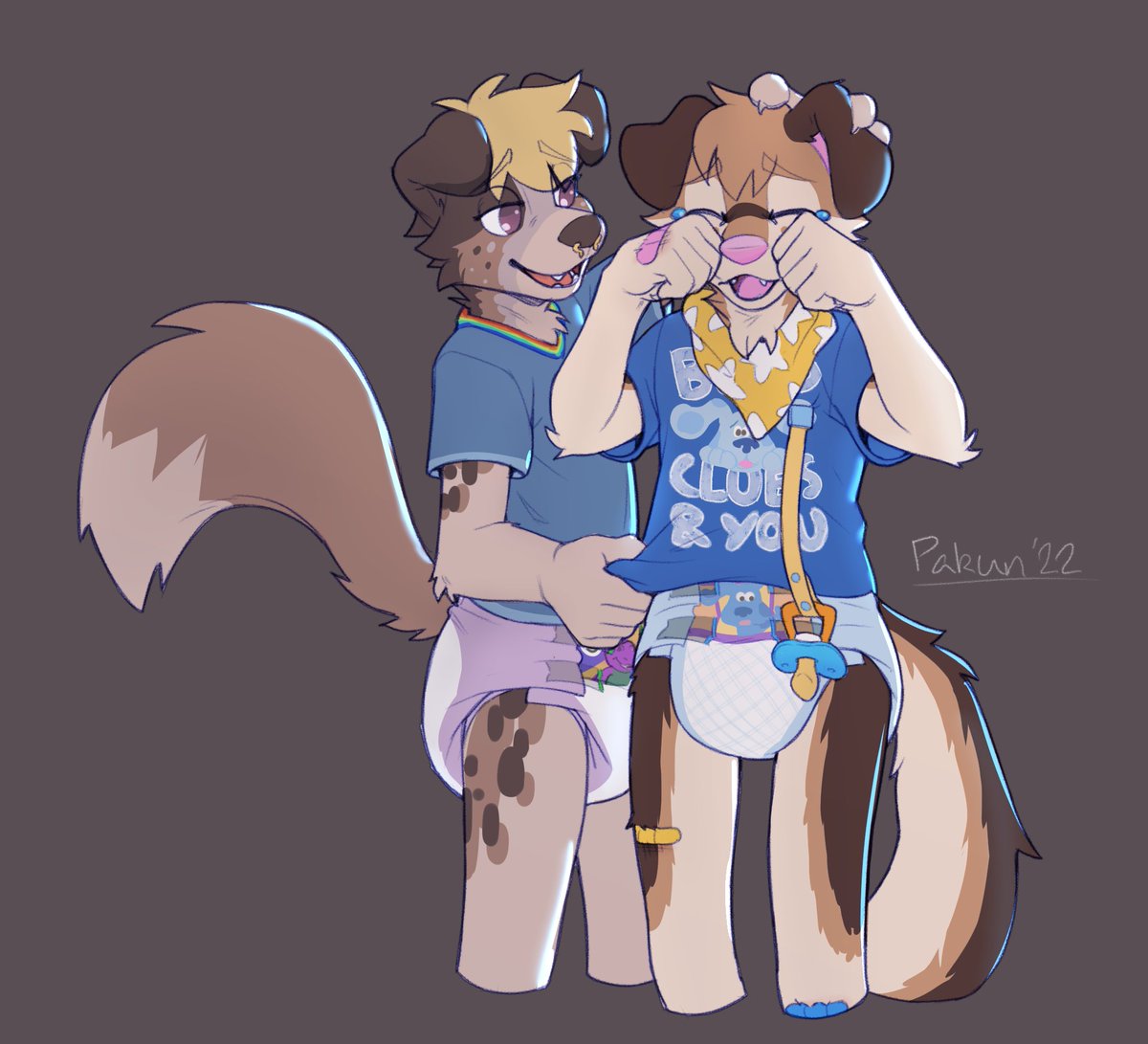 "I *sniffle* h-had an accident... a-and now my *sniff* now my ducky jammies are ruined!"

"It's okay, it's okay, no need to cry! Mom said your jammies will be fine, they just need to be washed. Here, I'll let you borrow my Blue's Clues shirt, your favorite, right?"

"Y-Yeah..."