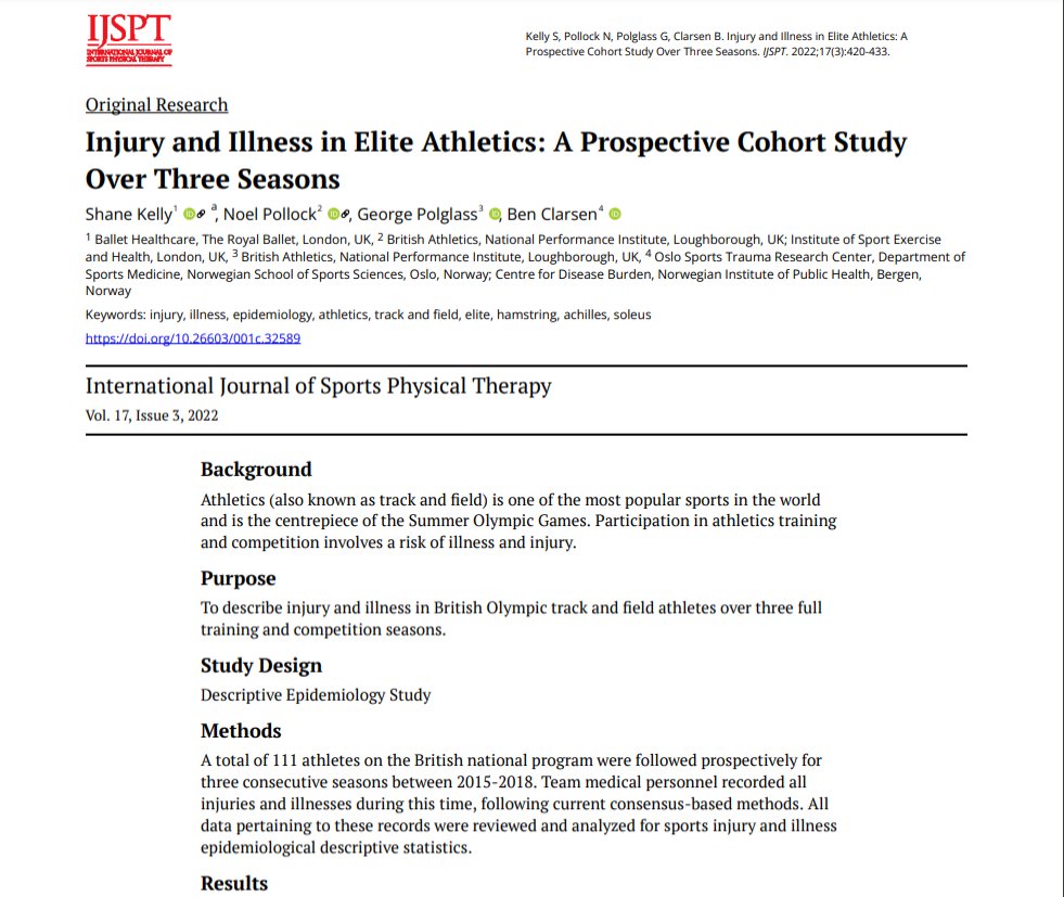1/2 🚨ORIGINAL RESEARCH🚨 So happy to finally have this paper out. Injury AND Illness in an elite cohort over multiple seasons. Insight into athletics injury at the top not seen before: 1. Hamstring muscle strain 2. Achilles tendinopathy 3. Soleus muscle strain