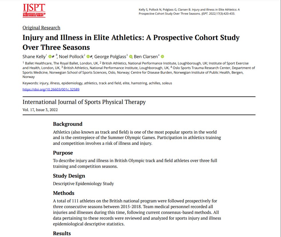 Shane Kelly (@shanekellypt) on Twitter photo 1/2              🚨ORIGINAL RESEARCH🚨
So happy to finally have this paper out. Injury AND Illness in an elite cohort over multiple seasons. Insight into athletics injury at the top not seen before:
1. Hamstring muscle strain
2. Achilles tendinopathy
3. Soleus muscle strain 1/2              🚨ORIGINAL RESEARCH🚨
So happy to finally have this paper out. Injury AND Illness in an elite cohort over multiple seasons. Insight into athletics injury at the top not seen before:
1. Hamstring muscle strain
2. Achilles tendinopathy
3. Soleus muscle strain