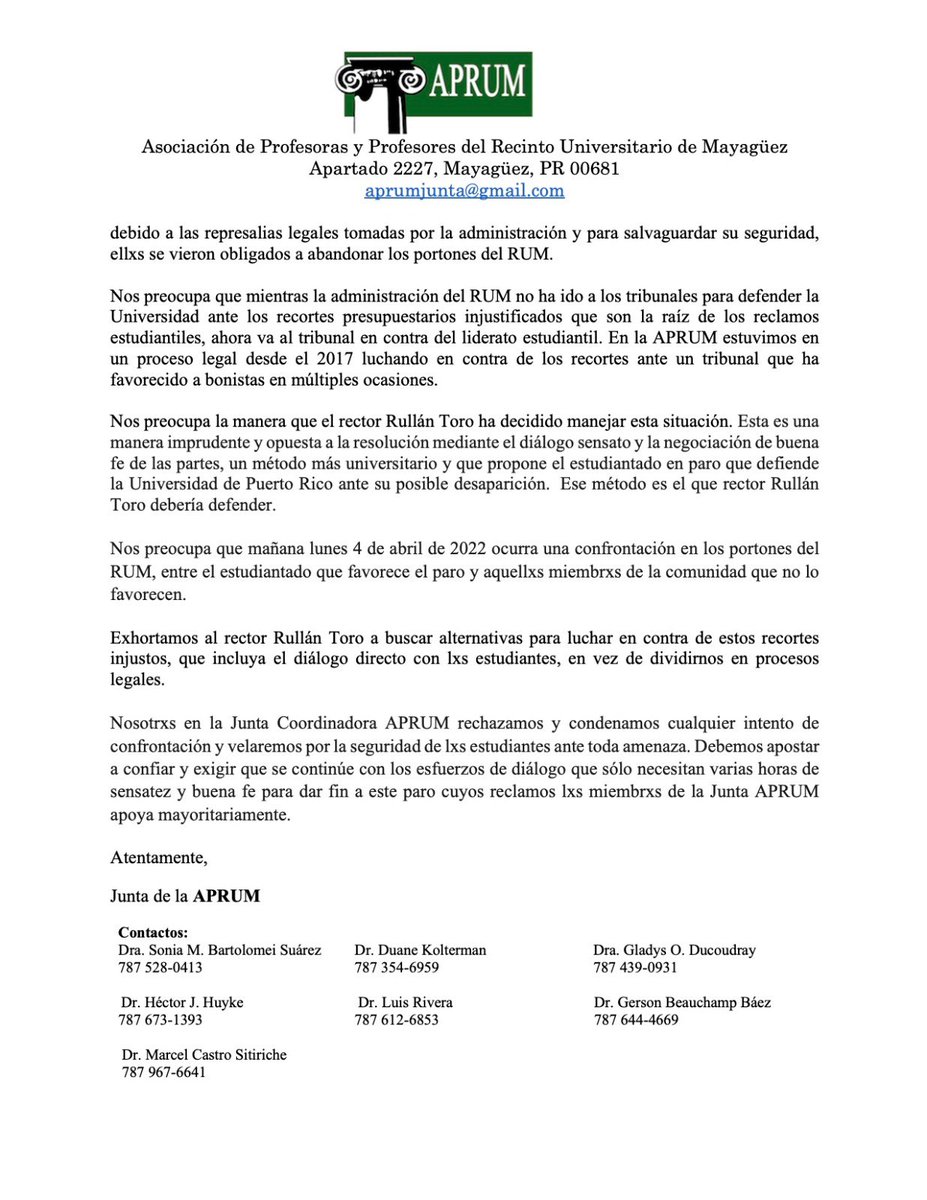 La APRUM se expresa en torno al paro estudiantil y a la comunicación del rector <a href="/RullanAgustin/">Agustin Rullan</a> que ordena reanudar las clases presenciales mañana lunes, 4 de abril de 2022