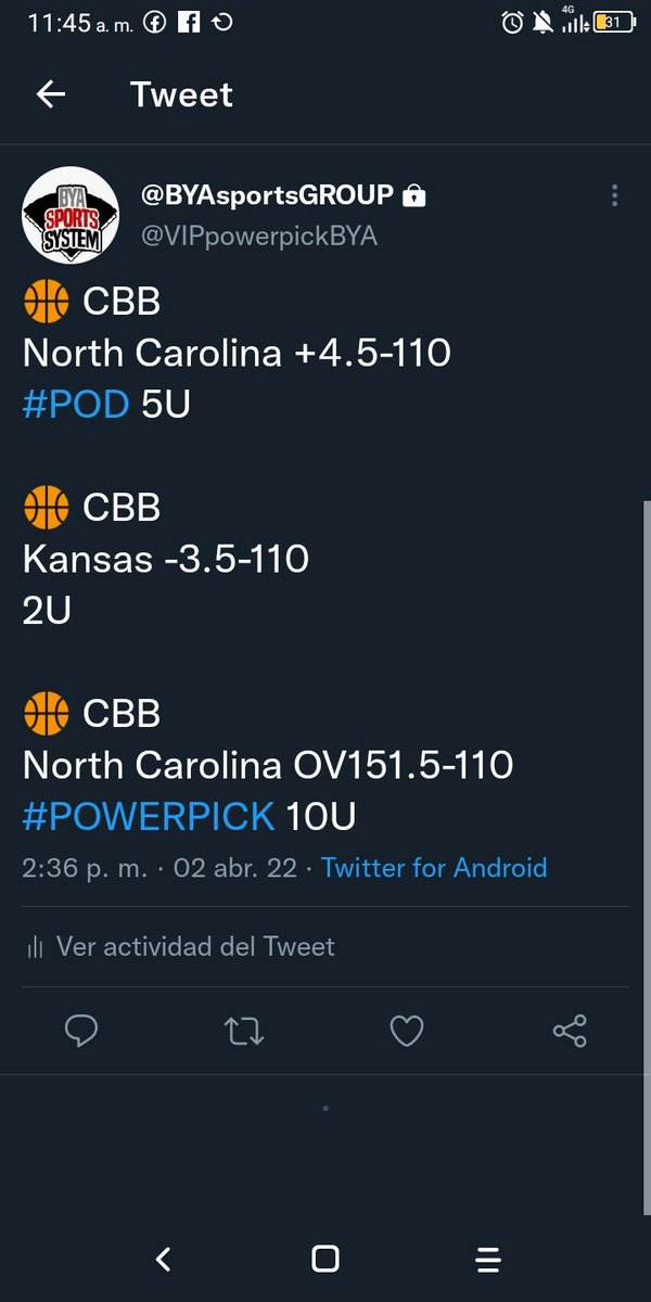 BYAsportsBET's tweet photo. #MarchMadness
SWEEP 💰💰💰
10U ✅✅
5U✅✅
2U✅✅

🏀 CBB
North Carolina +4.5-110✅
#POD 5U

🏀 CBB
Kansas -3.5-110✅
2U

🏀 CBB
North Carolina OV151.5-110✅✅
#POWERPICK 10U

@PicksCity https://t.co/i6hMcRSDUe