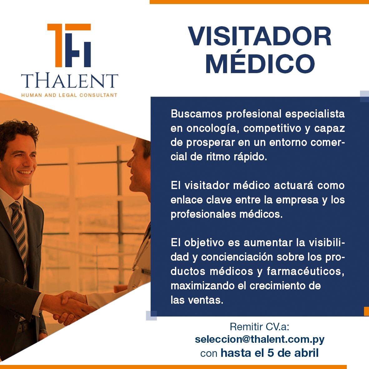 ¡NUEVA BUSQUEDA!📯

¡Esta puede ser tu oportunidad!

📬Escríbenos HASTA el 5 de abril a
seleccion@thalent.com.py

<a href="/BolsaTrabajoPy/">BolsaTrabajoParaguay</a> @TrabajosPy <a href="/enriqueopezarc/">Enrique Lopez Arce</a> 

#thalentpy #selecciondepersonal #oportunidadlaboral  #empleosenParaguay #trabajo #visitadormédico #bolsadetrabajo
