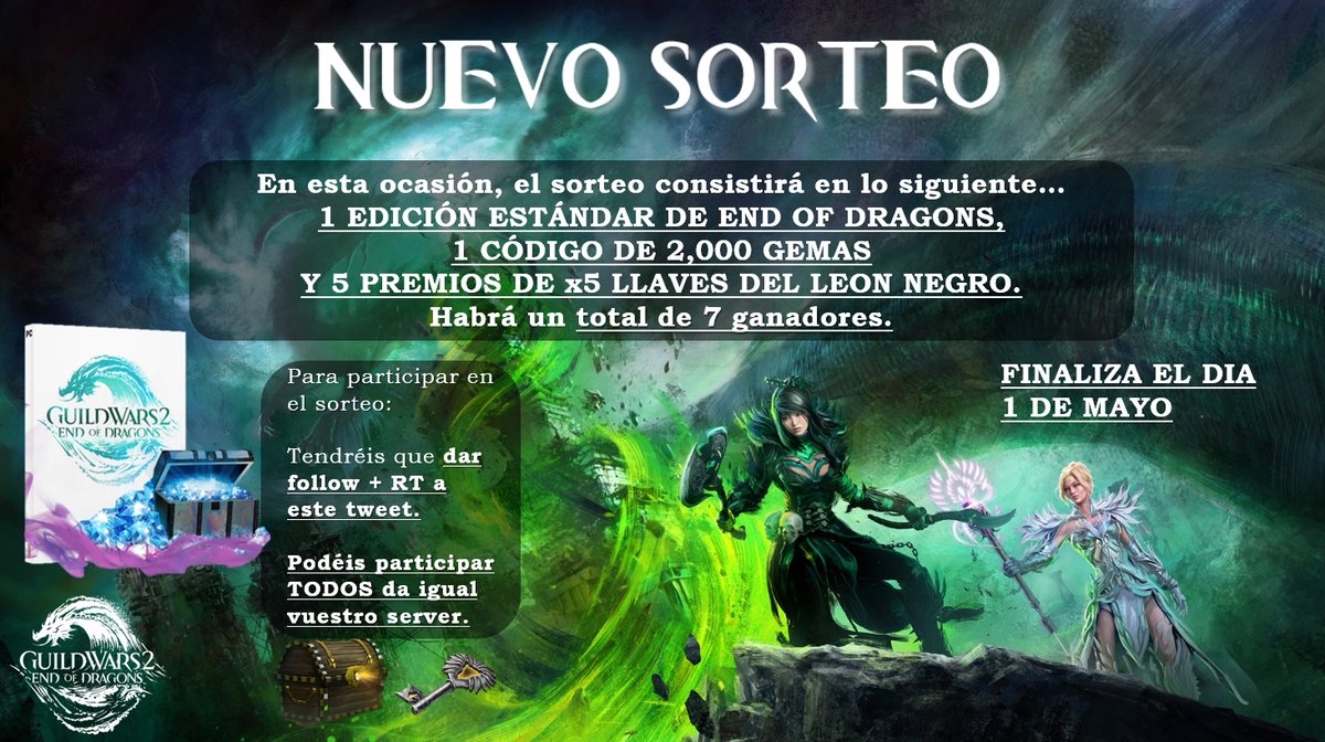 mnfpayasa94's tweet photo. ✨✨NUEVO SORTEO✨✨
¡¡7 premios!!
🥇Ed Estándar de #GW2EOD 
🥈1 Código de 2k de gemas 
🥉x5 llaves del León Negro para 5 ganadores
Para participar: 
RT  este tweet+ FOLLOW @mnfpayasa94 
➡️Finaliza el 1 de mayo
(Quedan descartadas cuentas de sorteos)
Suerte 🥰

#GW2 #GuildWars2 https://t.co/zVOnJBQM3H