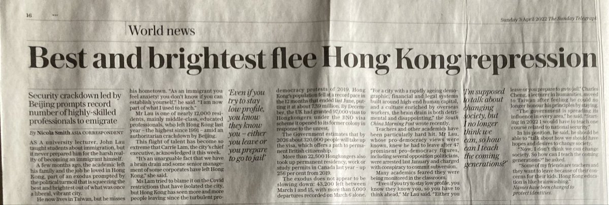 DavidAltonHL's tweet photo. Hong Kong exodus continues as academics say they can no longer teach with freedom. They say “Hong Kong education has become brainwashing” - Telegraph https://t.co/aXHv0WqmFx