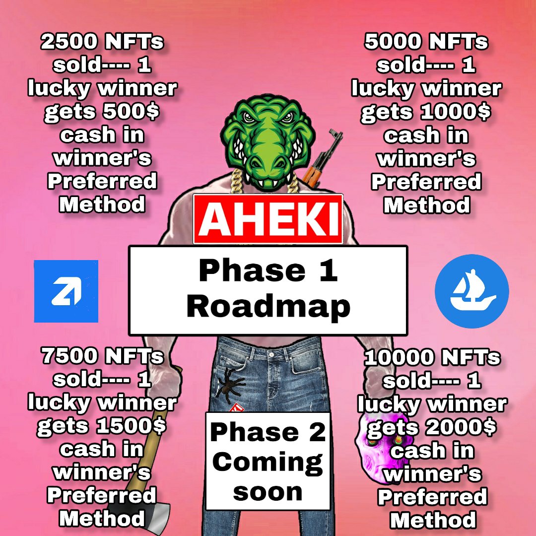 TeamAheki's tweet photo. Roadmap: Phase 1
2500 NFTs sold: 1 lucky winner gets 500$ cash
..
5000 NFTs sold: 1 lucky winner gets 1000$ cash
..
7500 NFTs sold: 1 lucky winner gets 1500$ cash
..
10000 NFTs sold:1 lucky winner gets 2000$ cash

How we pick winner..?
Highest NFT holder gets the prize money.🔥✅ https://t.co/h4wQZEmVe5