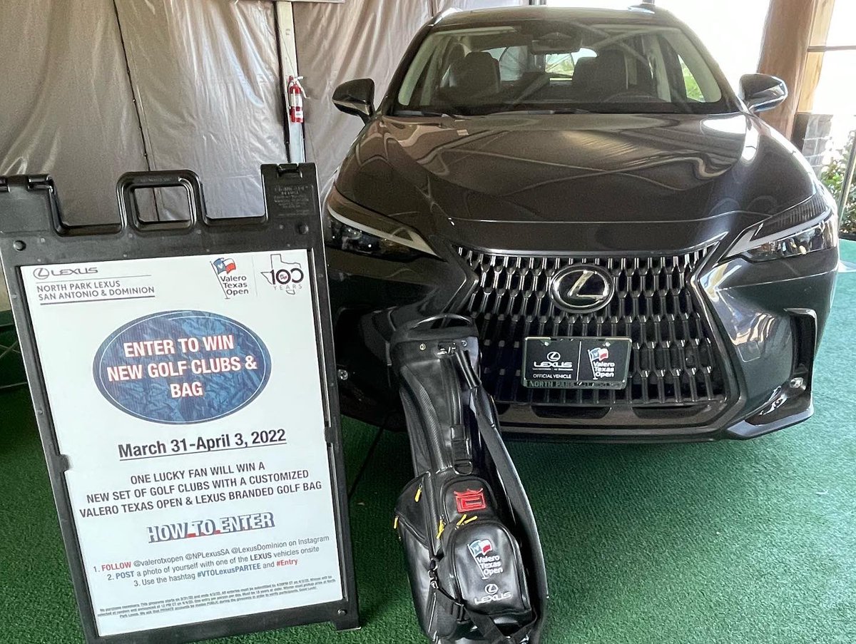 valerotxopen's tweet photo. Make sure to stop by the Lexus Tent at the Main Entrance during the tournament to enter to win a Cobra Bag and Set of Clubs! @NPLexusSA @LexusDominion #ValeroTexasOpen #Lexus #LexusDominion #nplexussa #lexussanantonio #2022LexusGX #2022LexusNX #LexusPARTEE https://t.co/3JXojwatEr