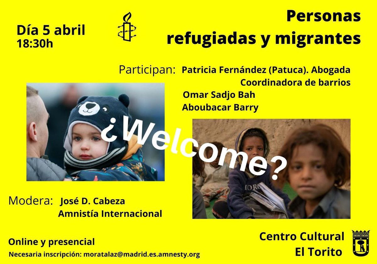 patucafvicens's tweet photo. El martes estaremos en #Moratalaz hablando del Derecho a la movilidad….  

A las 18:30 en el Centro Cultural El Torito Metro Vinateros. Apúntate en moratalaz@madrid.es.amnesty.org https://t.co/iOsHcibUv0