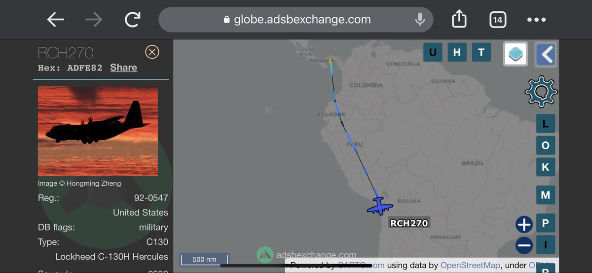 TheSnoopySnoop's tweet photo. #RCH270 🇺🇸 

Airborne from Panama, transiting Peru, heading in to Chile airspace

Friday &amp; yesterday routed Reno ✈️ Austin ✈️ Fort Worth

#ADFE82 92-0547 C-130H Hercules

#haveglass #AvGeek #planespotting #milair https://t.co/HWKZwKjMxH
