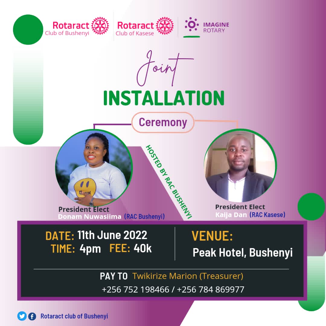 RctofBushenyi's tweet photo. Save the Date 11th June 2022!!!
#JointInstallation as P.E's @donam_nuwasiima of @RctofBushenyi and @Kaijadan of @Rotaractkasese are jointly installed. Hosted by RAC BUSHENYI @Peakhotel Bushenyi.
Let's see all of u thereβββ
@RotaractD9214 https://t.co/4bDIKFnK60