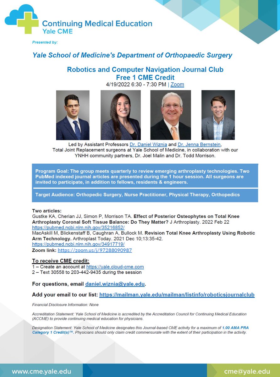 DrDanielWiznia's tweet photo. Join @OrthoAtYale April 19 at 6:30 EST for our @YaleCME Robotics Journal Club. Join our mailing list: https://t.co/XfsVNBeGJO
@JennaBernstein7
#robotics #computernavigation #orthotwitter #personalizedmedicine #engineering https://t.co/xOiNFQLh7i