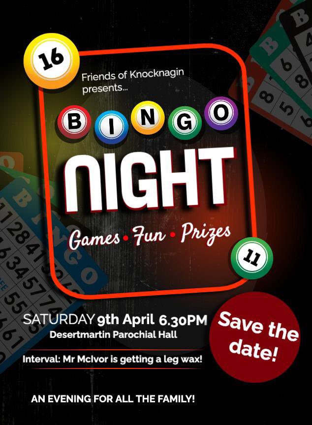 FKnocknagin's tweet photo. Get it on the calendar! 🤩🤩 
Come along and support @Knocknaginps with our family fun Bingo night - this Saturday 9th April 2022 @ 6.30pm 
Lots of Easter prizes to be had, a surprise visitor 🐰 and…
you can not miss our brave volunteers (victims) getting a leg wax!!!! 🤩🦵🐰🥚 https://t.co/4TRwwGvEPl