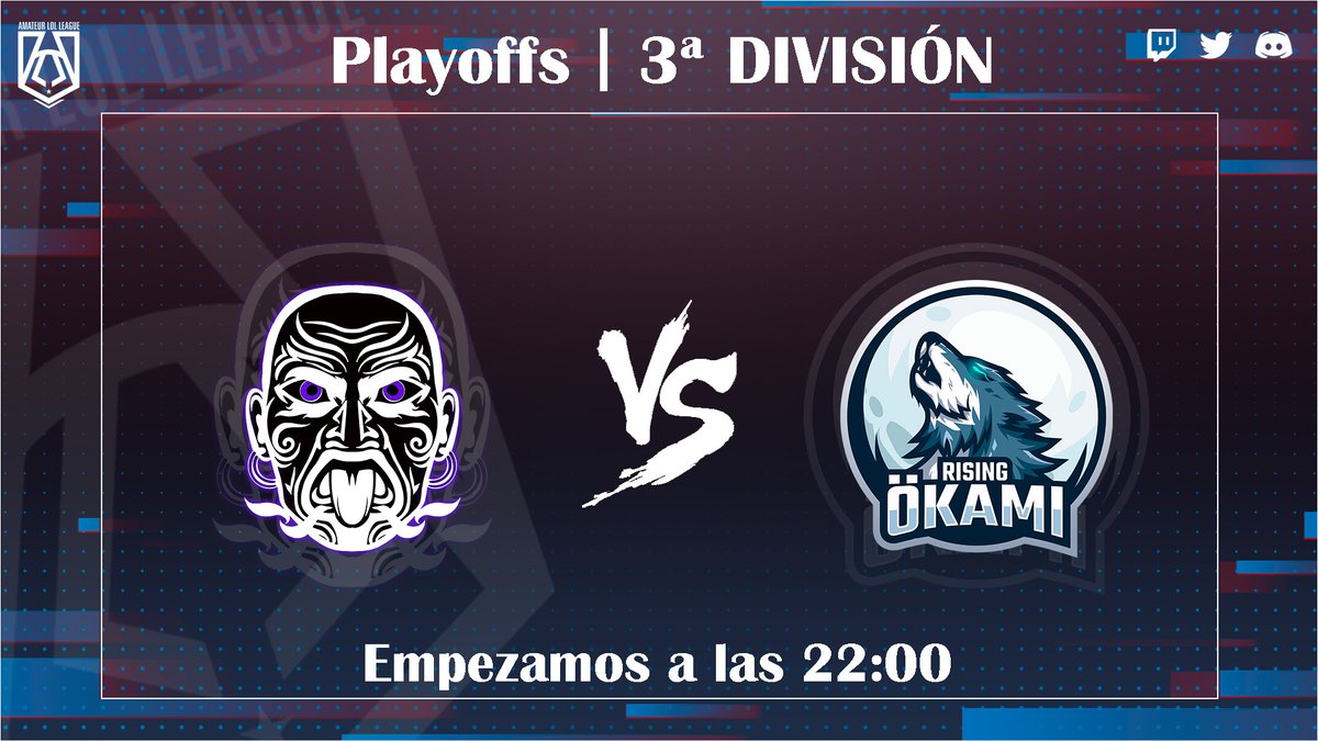 Esta noche estrenamos los #playoffs de la <a href="/ALL_lolleague/">ALL - Amateur Lol League</a> con un partidazo que no os podeis perder.

🕰️22:00🕰️

@NUI_OFICIAL 🆚 <a href="/OkamiRising/">Rising Ökami</a> 

📺twitch.tv/all_amateur_lo…📺

#CuartosDeFinal #3ªDivisión #ALL