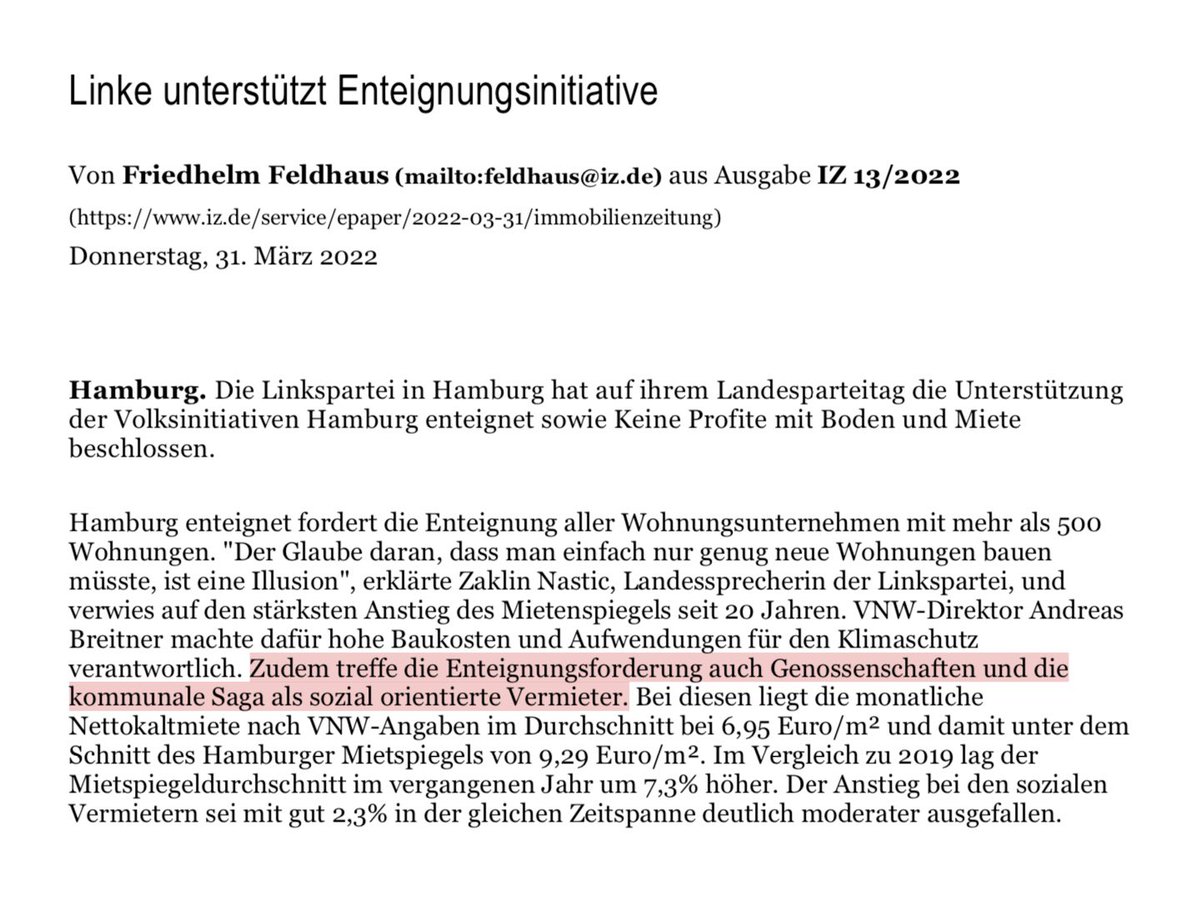 3/ In der <a href="/ImmoZeitung/">Immobilien Zeitung</a> wurden die Fake News von <a href="/BreitnerAndreas/">Andreas Breitner</a> diese Woche leider ungeprüft weiterverbreitet. In dem Artikel war sogar die Rede davon, dass <a href="/EnteignenHH/">Hamburg enteignet</a> neben den Wohnungen der großen Genossenschaften auch die der städtischen Saga vergesellschaften will.