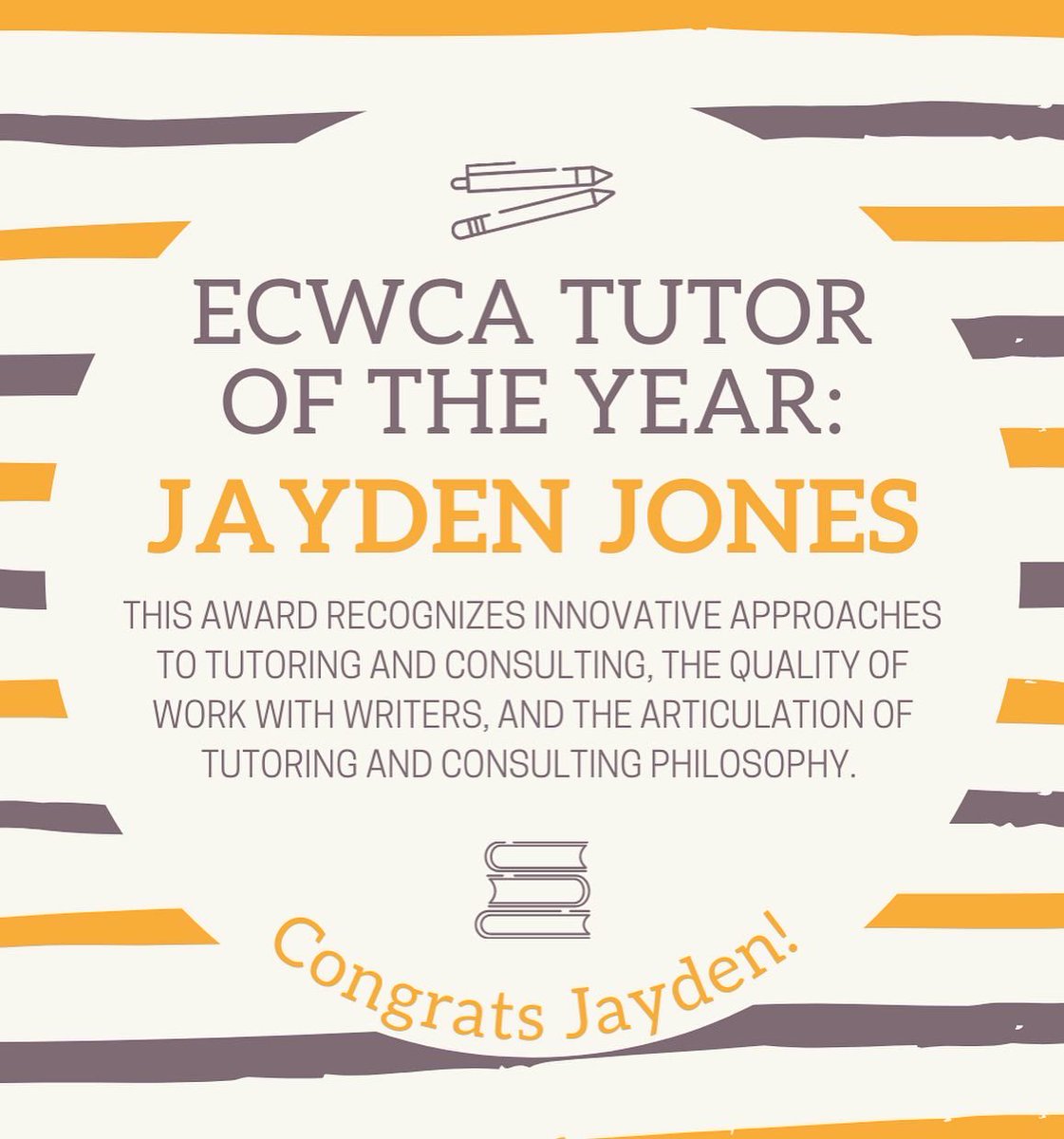 writingcenterAQ's tweet photo. And we have to highlight brilliant Jayden Jones, who received the ECWCA Outstanding Tutor of the Year award. Everyone was has worked with Jayden knows this is well-deserved, she’s awesome!
#aquinascollegegr #aqwriters https://t.co/Sb8bH2hISJ