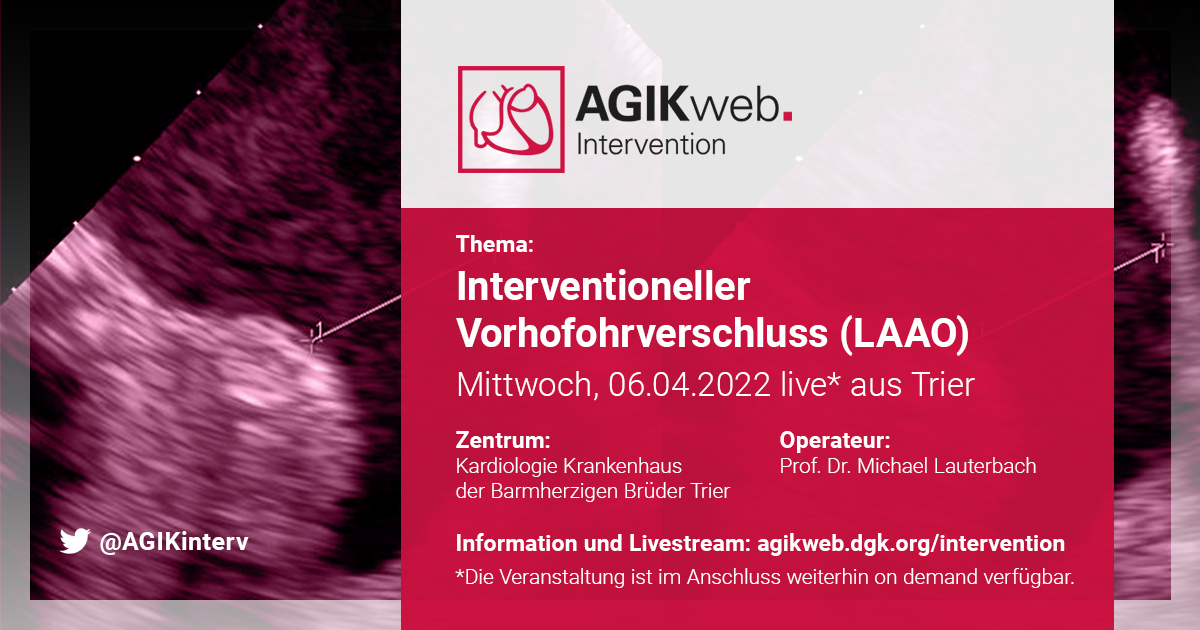 #MyWeekInCardiology #AGIKweb.Intervention 🗓06.04.2022 | 18.00 Uhr | Live aus Trier ❤️Interventioneller Vorhofohrverschluss (LAAO) Prof. Lauterbach (@true_surehand) und Team live aus dem Katheterlabor in Trier Panel: @DrThomasSchmitz + Dr. Anja Schade + @KardiologieHH