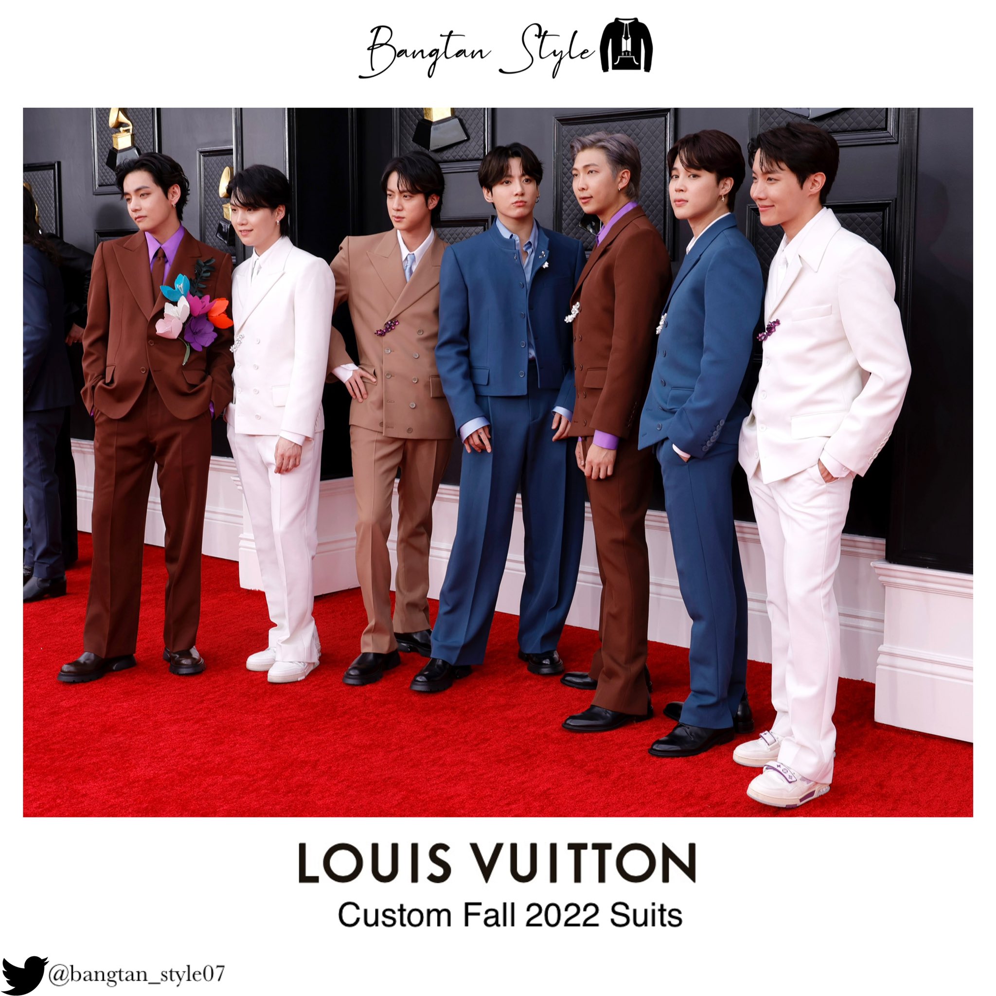 Bangtan Style⁷ (slow) on X: BTS at 2022 GRAMMY Awards The members are  wearing LOUIS VUITTON custom Fall 2022 suits. #BTS @BTS_twt @LouisVuitton   / X