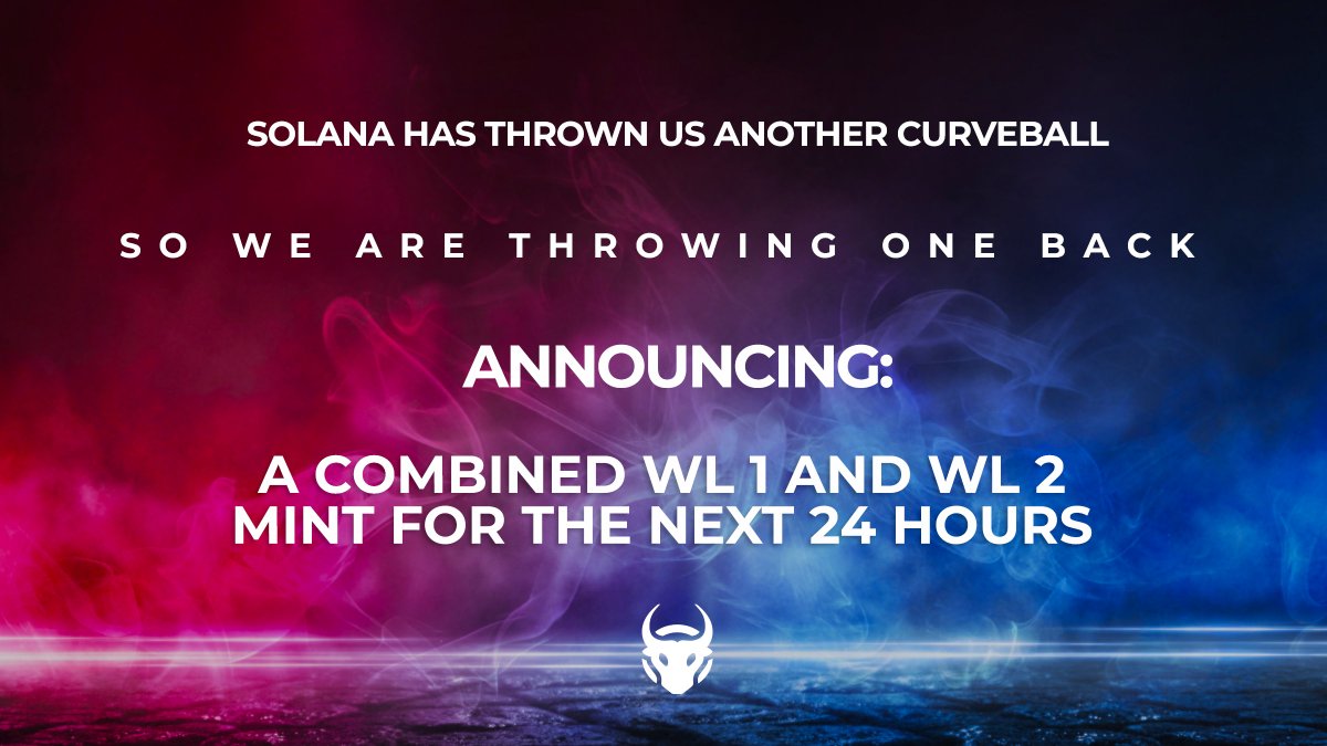SurgingBulls's tweet photo. Solana has been giving us a hard time, but we've been here long enough to not give up at the first sign of trouble. Therefore, we have taken the decision to not open Public Sale until our community has a fair chance to mint. Phase 2 (24hr):WL1 + WL2 and community members-1.25 SOL https://t.co/3ArwtElXK4