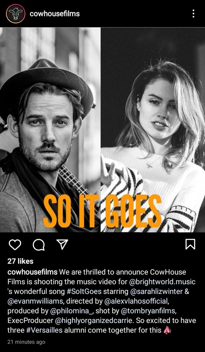 Alexander Vlahos (@vlavla) sharing news that Evan Williams (@evan_m_williams) and Sarah Winter (@sarahelizwinter) provide the main song titled: 'So It Goes'.

Shared post from:

CowHouse Films (@cowhousefilms)

#HereWeAreShort #SoItGoes