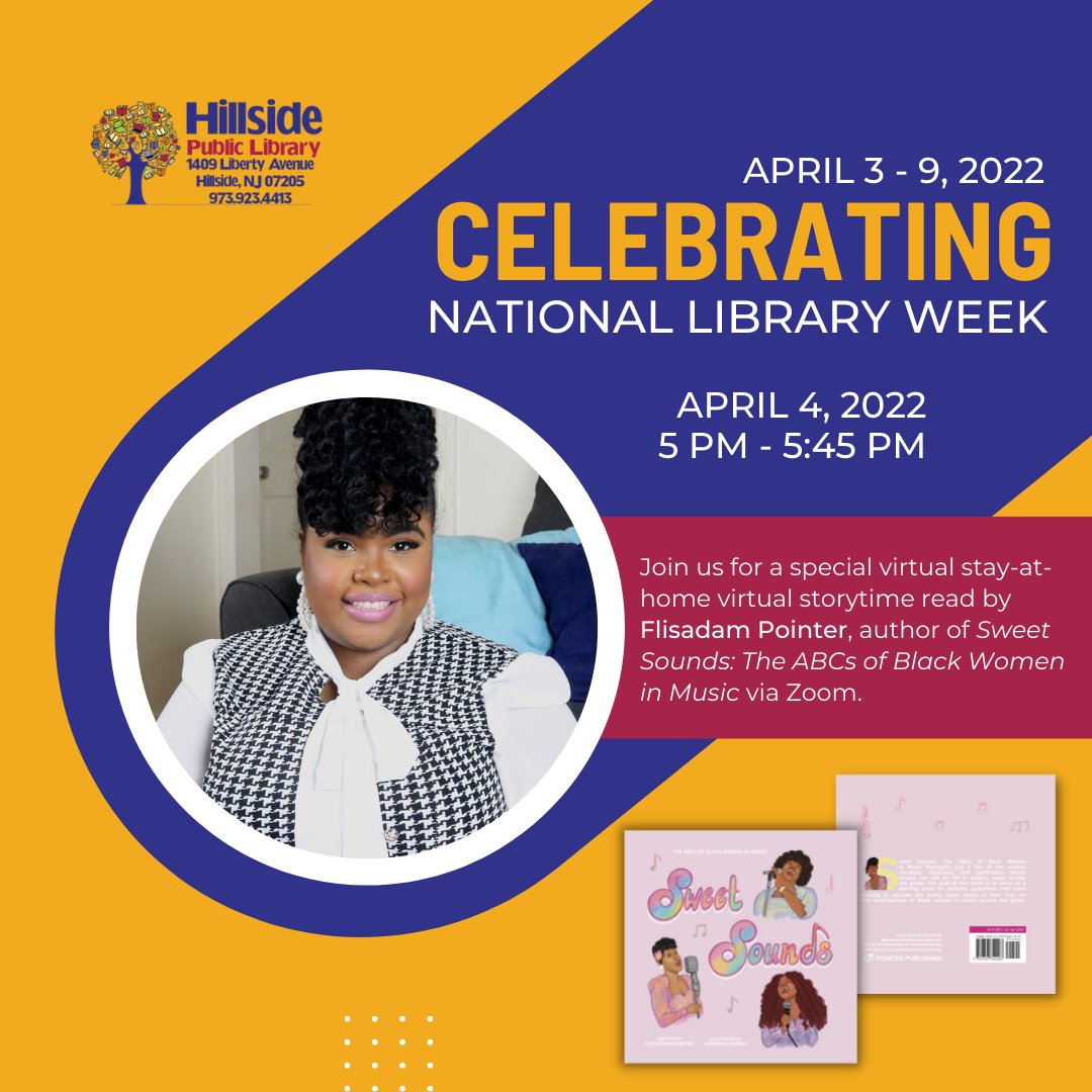 PointerBooks's tweet image. Celebrate #NationalLibraryWeek with a special virtual storytime as head author @flisadamp reads 'Sweet Sounds: The ABCs of Black Women in Music' in partnership with @HillsidePL_NJ  tomorrow, Monday, April 4th at 5 pm. To register -&amp;gt; hillsidepl.org/event/meet-the…