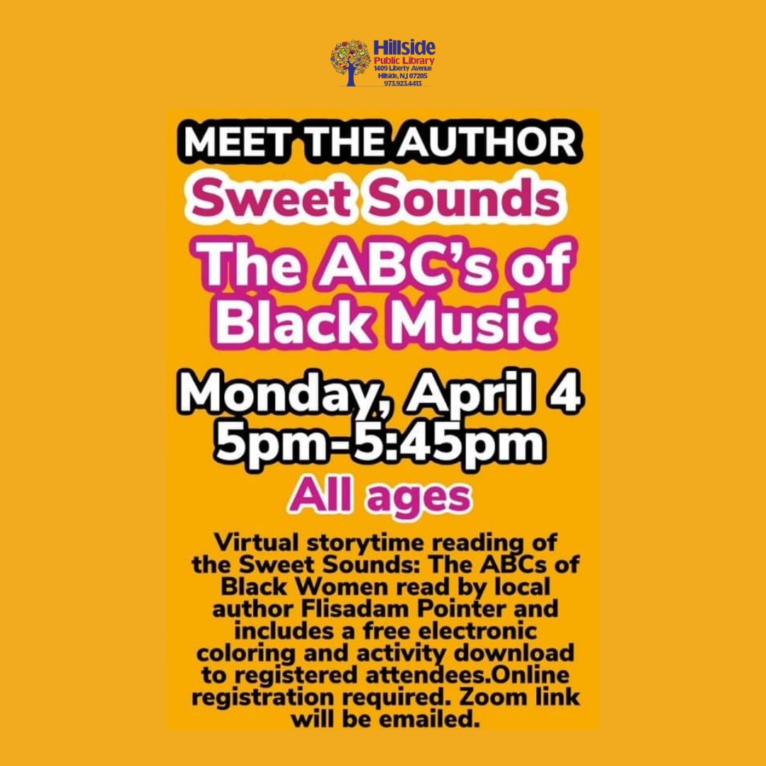 PointerBooks's tweet image. Celebrate #NationalLibraryWeek with a special virtual storytime as head author @flisadamp reads 'Sweet Sounds: The ABCs of Black Women in Music' in partnership with @HillsidePL_NJ  tomorrow, Monday, April 4th at 5 pm. To register -&amp;gt; hillsidepl.org/event/meet-the…