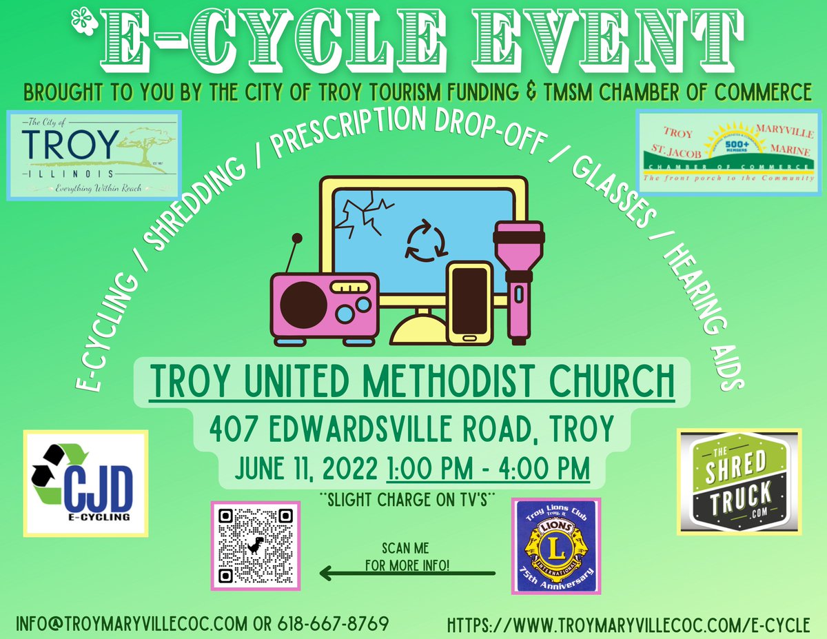 tmscoc's tweet photo. Join us for our E-cycle/Shredding/Prescription Drop Off Day, set for Saturday, June 11, from 1:00 p.m. - 4:00 p.m. at Troy United Methodist Church https://t.co/hCF9qEH6RA