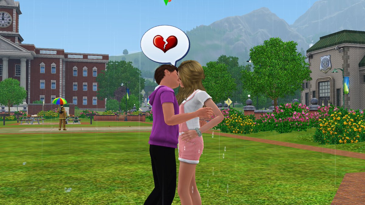 bisousims's tweet photo. i decided to make it rain so Saffron could have a coming of age first kiss in the rain with Gillian 🤣 i love these two together! they are also going steady now #TheSim3 https://t.co/7GBN5OARkc