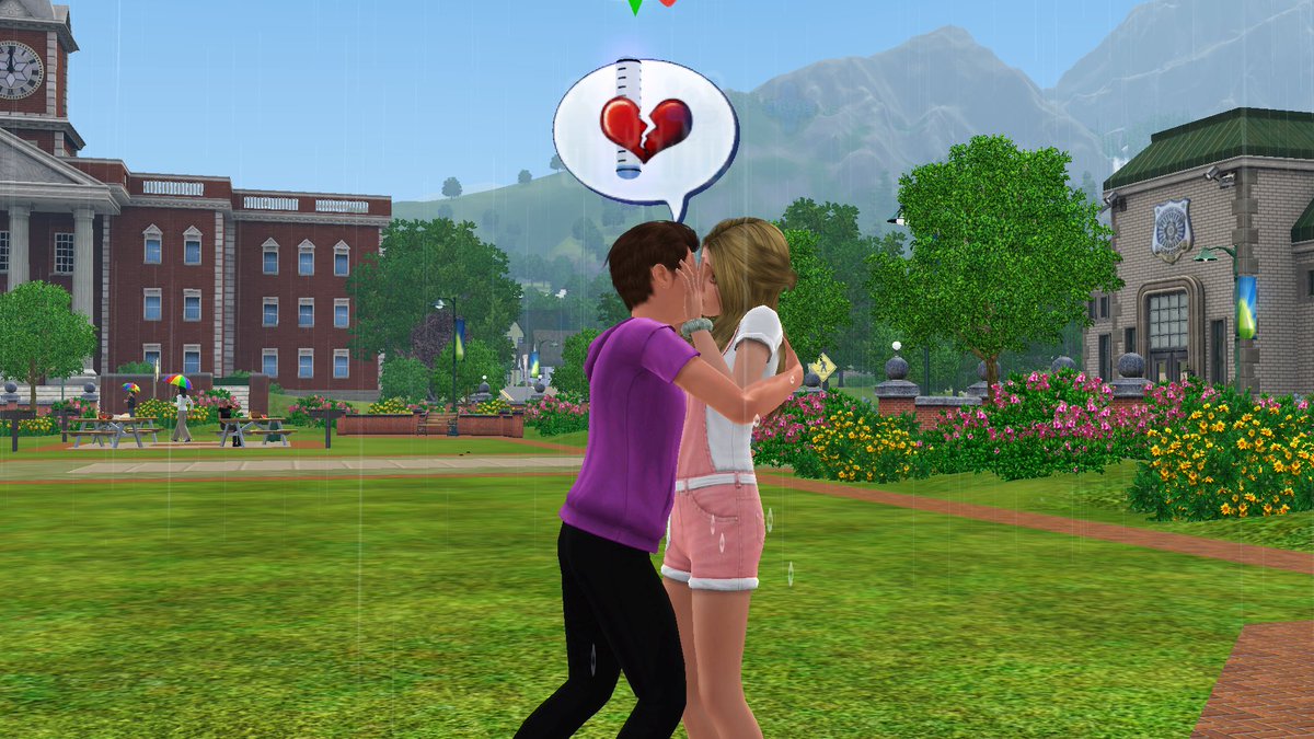 bisousims's tweet photo. i decided to make it rain so Saffron could have a coming of age first kiss in the rain with Gillian 🤣 i love these two together! they are also going steady now #TheSim3 https://t.co/7GBN5OARkc