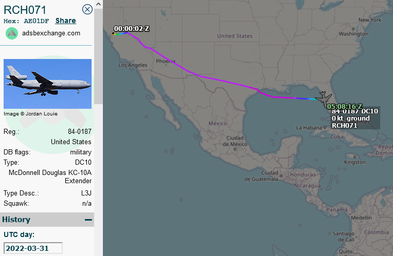 SirListenalot's tweet photo. On Mar31 #KC10 #AE01DF as #RCH071 relocated from Travis to McDill.  Yesterday the KC10 departed to Santiago, Chile with a little help from #KC135 #AE04F6 as #RCH072 on a round trip out of McDill (showing as REACH72), apparently dragging the #F22 demo team. 
#CoronetSouth 809 https://t.co/IFR0791U3d