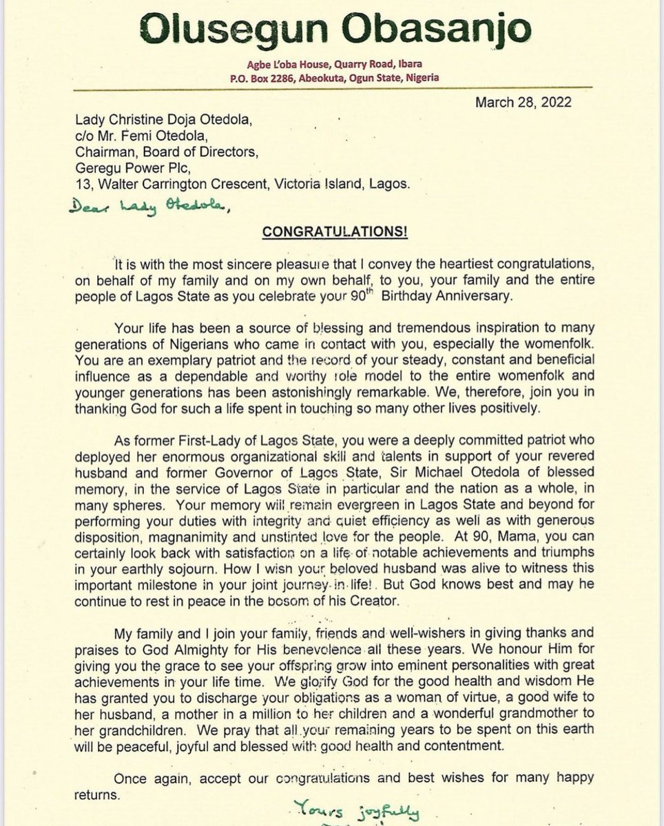 realFemiOtedola's tweet image. My gratitude goes out to all the numerous tributes, moral support and unmitigated show of love to our Amiable and Adorable mother, Lady C Doja Otedola on her 90th Birthday 🙏🏾 …F.Ote$