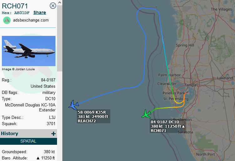 SirListenalot's tweet photo. On Mar31 #KC10 #AE01DF as #RCH071 relocated from Travis to McDill.  Yesterday the KC10 departed to Santiago, Chile with a little help from #KC135 #AE04F6 as #RCH072 on a round trip out of McDill (showing as REACH72), apparently dragging the #F22 demo team. 
#CoronetSouth 809 https://t.co/IFR0791U3d