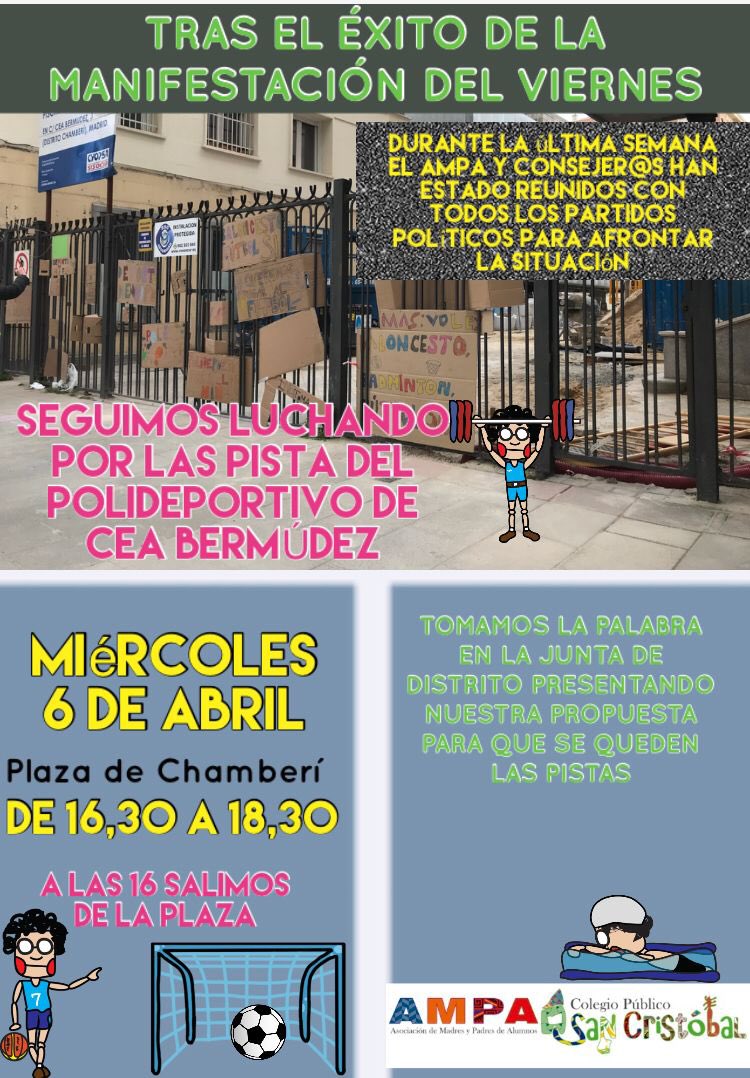 HurricaneNurse's tweet photo. Recta final! El Miércoles 6 de abril trasladamos nuestra demanda de mantenimiento de la #pistaCeaBermudez al pleno de @JMDChamberi Os esperamos allí para acompañarnos. https://t.co/ApJt82mEEu