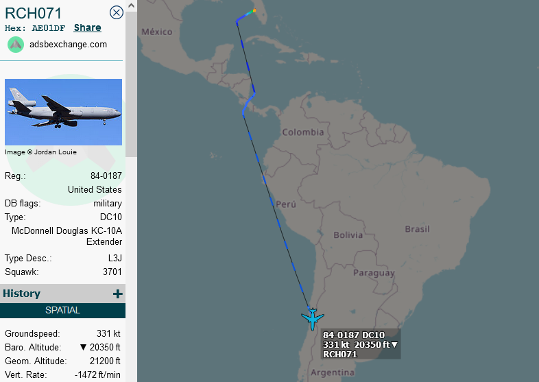 SirListenalot's tweet photo. On Mar31 #KC10 #AE01DF as #RCH071 relocated from Travis to McDill.  Yesterday the KC10 departed to Santiago, Chile with a little help from #KC135 #AE04F6 as #RCH072 on a round trip out of McDill (showing as REACH72), apparently dragging the #F22 demo team. 
#CoronetSouth 809 https://t.co/IFR0791U3d