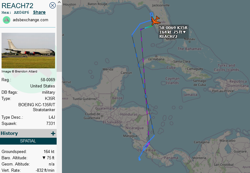 SirListenalot's tweet photo. On Mar31 #KC10 #AE01DF as #RCH071 relocated from Travis to McDill.  Yesterday the KC10 departed to Santiago, Chile with a little help from #KC135 #AE04F6 as #RCH072 on a round trip out of McDill (showing as REACH72), apparently dragging the #F22 demo team. 
#CoronetSouth 809 https://t.co/IFR0791U3d