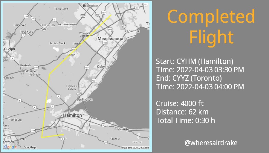 wheresairdrake's tweet photo. #AirDrake #N767CJ Flight Completed on 2022-04-03 04:00 PM from #CYHM (Hamilton) to #CYYZ (Toronto). Total Time: 0:30 h https://t.co/u2cpQMYLZy