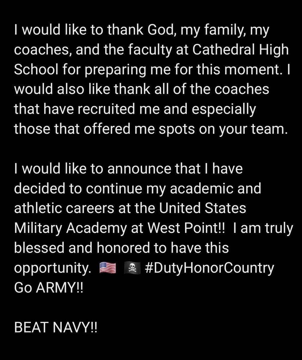 Patrick Kendall III (@pgk2023) on Twitter photo 100% Committed! I will be going to school, and playing football, at <a href="/WestPoint_USMA/">U.S. Military Academy at West Point</a> after high school! 🏴☠️🇺🇸 #BeatNavy
<a href="/CoachJeffMonken/">Jeff Monken</a>
<a href="/CoachBPowers/">Blake Powers</a> <a href="/CoachNateWoody/">Nate Woody</a> <a href="/CoachSeanCronin/">Sean Cronin</a> <a href="/CathedralFBall/">Cathedral Football</a> <a href="/Coachpeebs/">Bill Peebles</a> <a href="/CoachABarth/">Coach Barth</a> @SWiltfong247 <a href="/ky_smith/">PlatformSportsLeague</a> <a href="/Bryan_Ault/">Bryan Ault - Midwest Scout</a> <a href="/goblackknights/">#GoBlackKnights</a> 100% Committed! I will be going to school, and playing football, at <a href="/WestPoint_USMA/">U.S. Military Academy at West Point</a> after high school! 🏴☠️🇺🇸 #BeatNavy
<a href="/CoachJeffMonken/">Jeff Monken</a>
<a href="/CoachBPowers/">Blake Powers</a> <a href="/CoachNateWoody/">Nate Woody</a> <a href="/CoachSeanCronin/">Sean Cronin</a> <a href="/CathedralFBall/">Cathedral Football</a> <a href="/Coachpeebs/">Bill Peebles</a> <a href="/CoachABarth/">Coach Barth</a> @SWiltfong247 <a href="/ky_smith/">PlatformSportsLeague</a> <a href="/Bryan_Ault/">Bryan Ault - Midwest Scout</a> <a href="/goblackknights/">#GoBlackKnights</a>