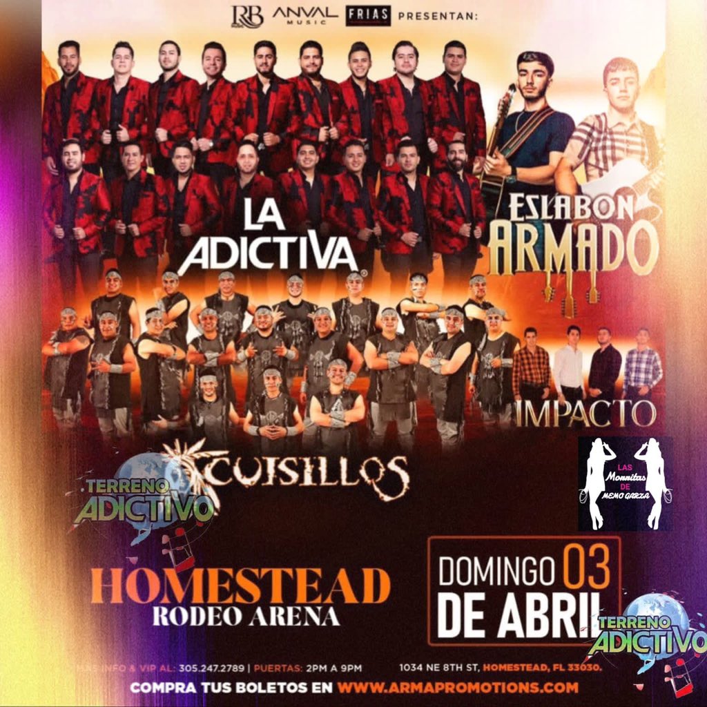 LadyLaura3103's tweet photo. 🍭🍬 DOMINGO 0️⃣3️⃣ de Abril 🍫🍿La @adictivaoficial se presenta en #Homestead #Florida ☀️

¡NO TE LO PUEDES PERDER! 

#NosotrasNosQuedamosContigo 💓
#PorAndarConUnCabrón 😏
#NocheAdictiva
#MMH
#M2037
#TerrenoAdictivo
@memogarzaa
@ELVIAGARCIA121 https://t.co/8Y0HNRIe1Y