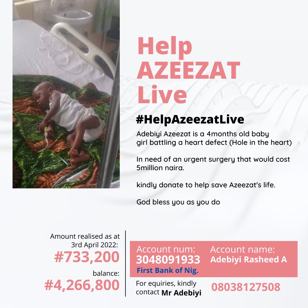 Hassan_dgenius's tweet photo. I’m here because I am broken, a beautiful baby has a *HOLE IN HER HEART*

I’m here not only to solicit funds for her but to also ask you pls join us in the campaign for her surgery of N5M.

Kindly donate, tag &amp; RT.
May you not be afflicted with such🙏🏽 #HelpAzeezatLive #GoFundMe https://t.co/TOGbIaNvlX
