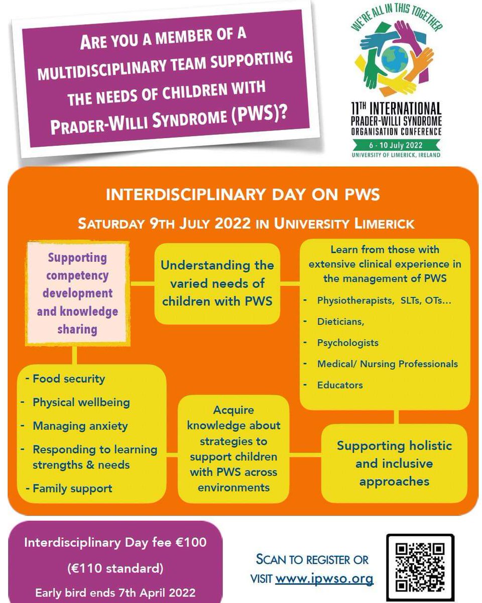 PWSAI's tweet photo. Are you a member of a Multidisciplinary Team supporting a person with Prader-Willi Syndrome? You’re invited to attend the @ipwso Conference Interdisciplinary Day on Saturday 9th July in @UL, open to all professionals who support children &amp; adults with PWS https://t.co/ZmBJnatGj5 https://t.co/69M8MZrkQ4