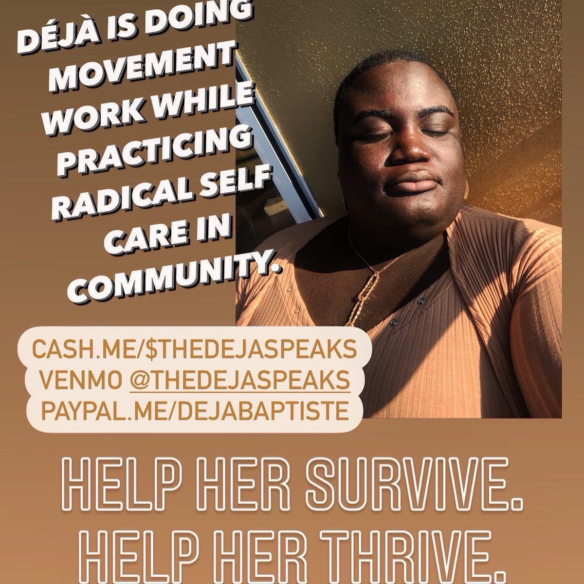 If you have currency to spare, please $UPPORT my girl Déjà in her efforts to survive and thrive today! #MutualAidRequest #blackTRANSlivesmatter #allblacklivesmatter