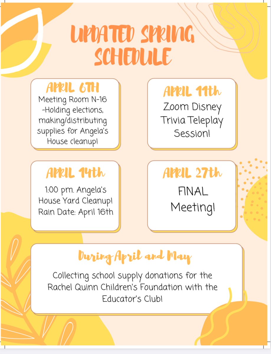 sjli_ps's tweet photo. The remaining dates for the semester can be found in this flyer! We have our next meeting on 4/6 in room N-216 to make/distribute decorations for the Angela’s House yard cleanup. We will also be starting our school supplies drive for the Rachel Quinn Children’s Foundation! ☀️💛 https://t.co/MnCEQFD2Ii