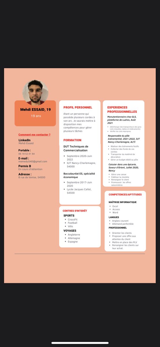 Mehdiessaid54's tweet photo. Bonjour à toutes et à tous !
Je me permets de poster mon cv sur Twitter dans le but de trouver une future alternance.
Elle se situerait dans le domaine du #Marketing/#Commerce/#Communication.
Cette alternance débuterait à partir de Septembre 2022 jusqu’en juin 2023.
Rt appréciés https://t.co/M4qZOOg3vM